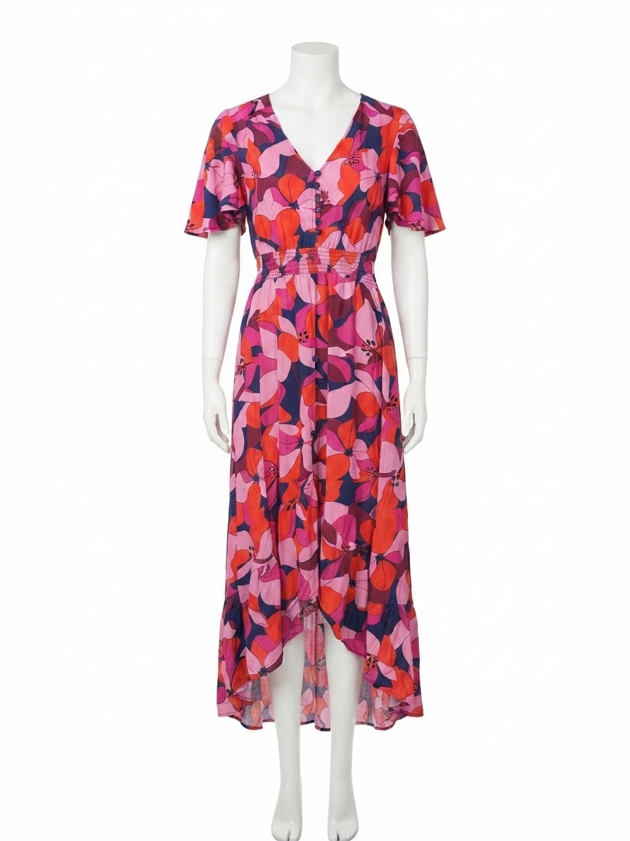 Abel The Label Anthropologie Pink Orange Floral Hi-Low Midi Dress Small